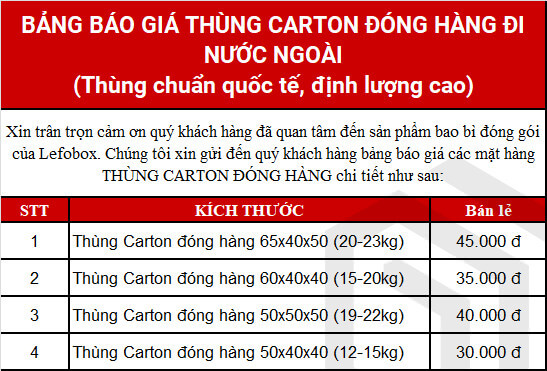 Bảng báo giá thùng carton đóng hàng đi máy bay Hà Nội