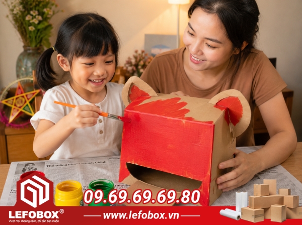 Mẹ và bé dụng mô hình đầu lân và tô màu