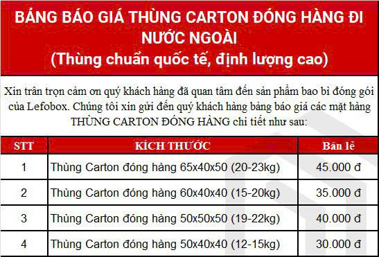 Giá thùng carton đóng hàng đi nước ngoài
