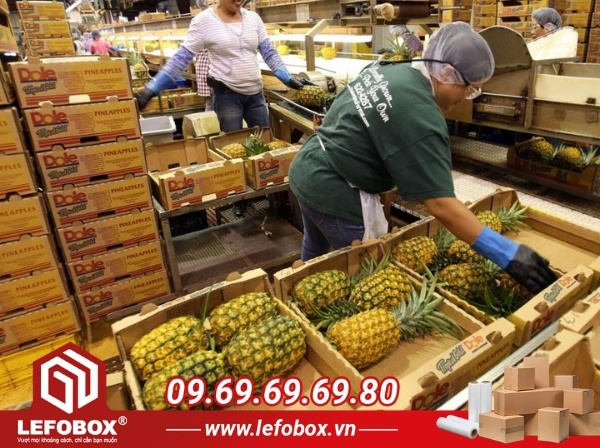 Thùng carton đựng dứa dạng khay trưng bày trong siêu thị